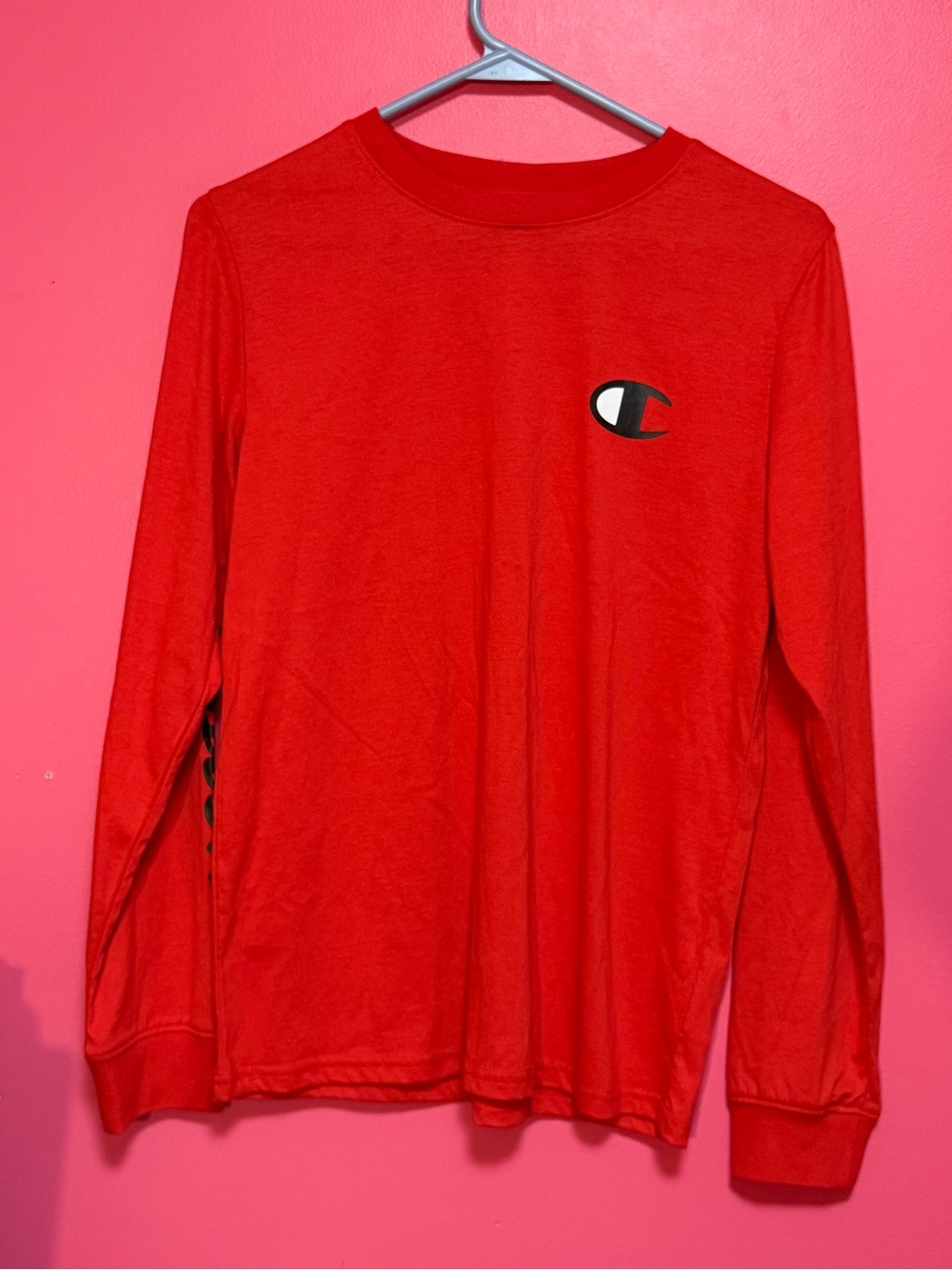 Champion Bright Red Long-Sleeve Tee with Chest Logo